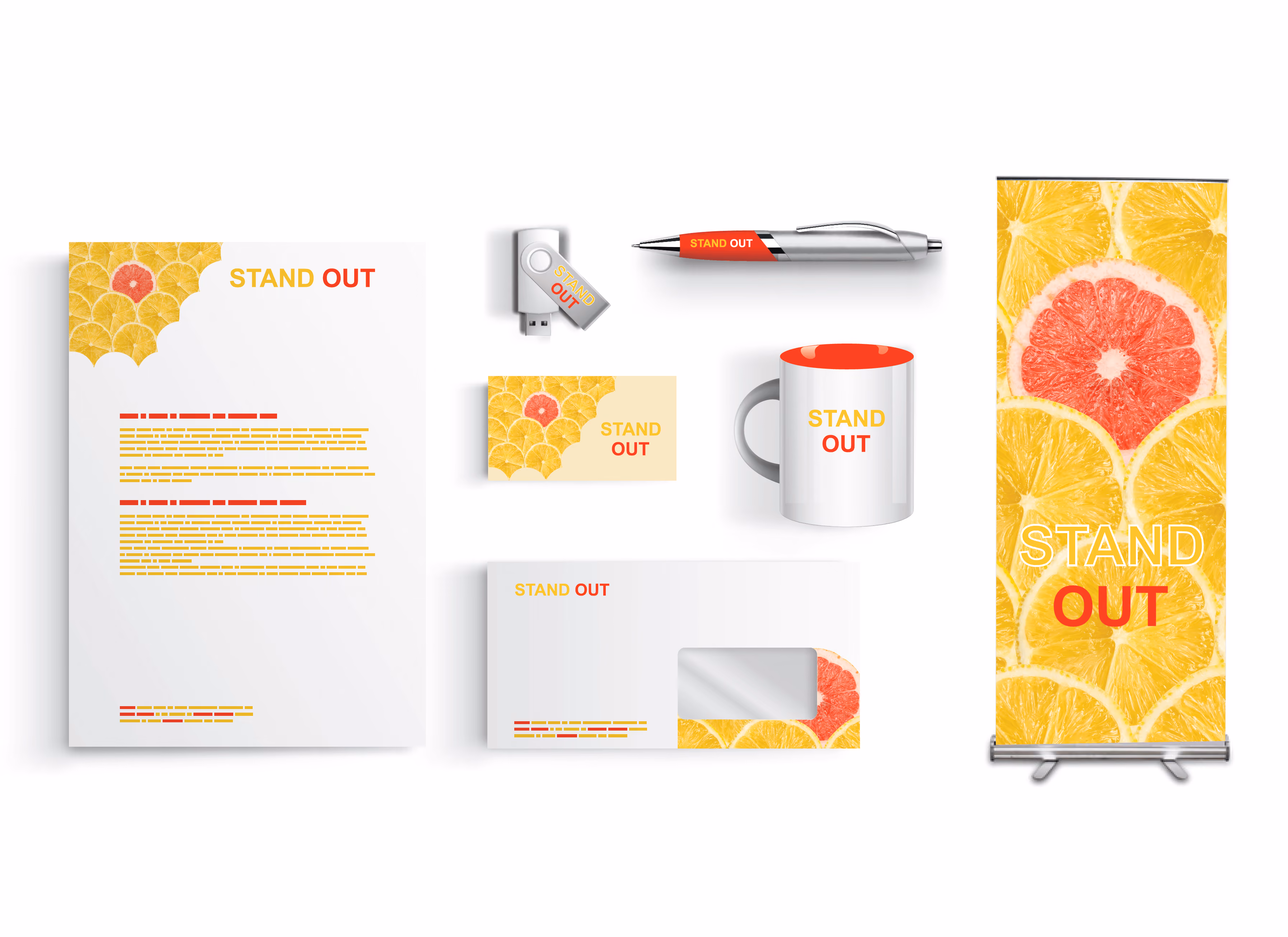 Picture of multiple marketing images; banner, letterhead, business card, pen, mug and USB.