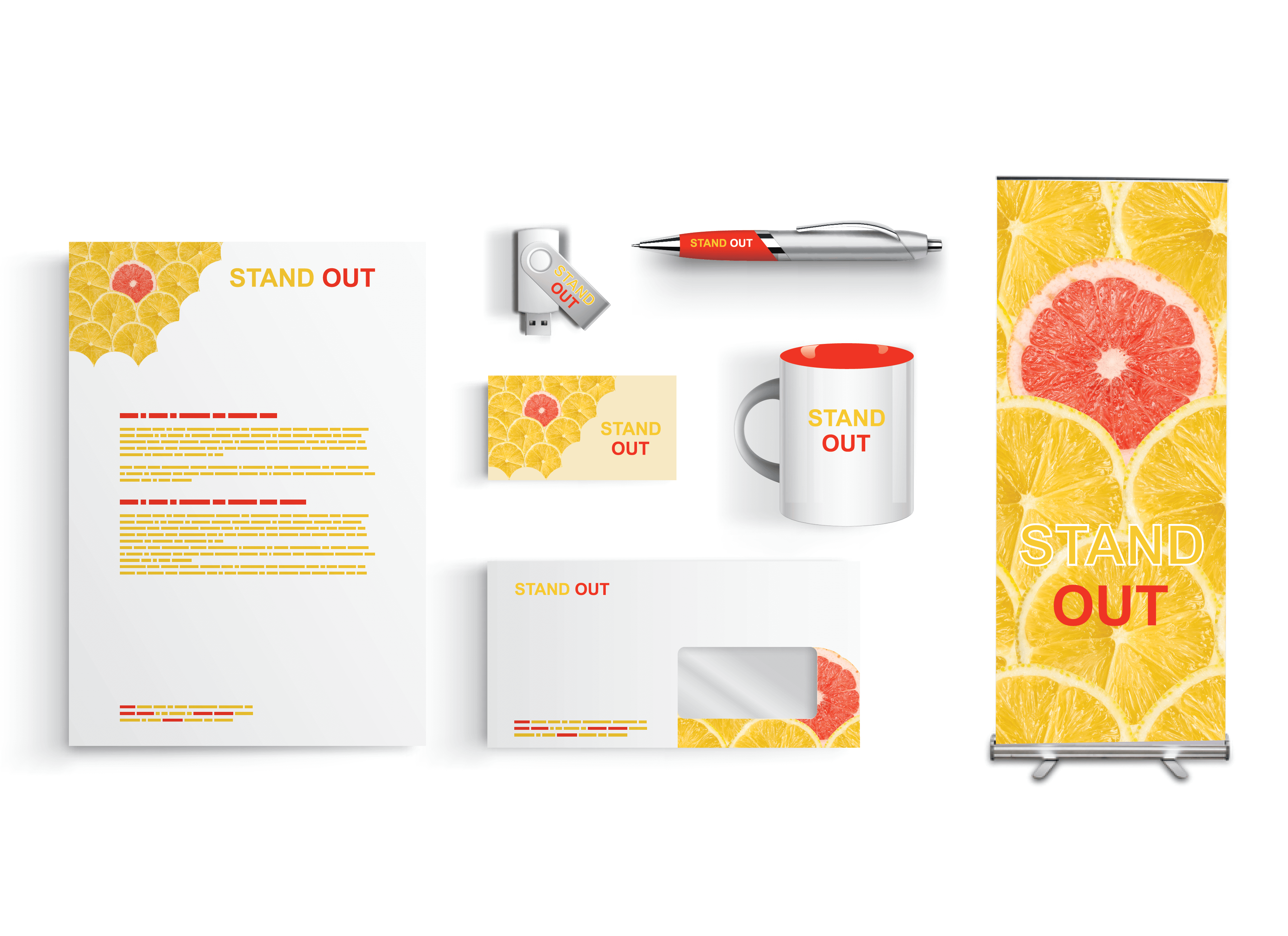 Picture of multiple marketing images; banner, letterhead, business card, pen, mug and USB.