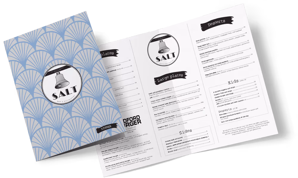 A tri-fold laminated menu.